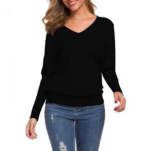 NEW Black Cashmere Blend V-neck Long Sleeve Pullover